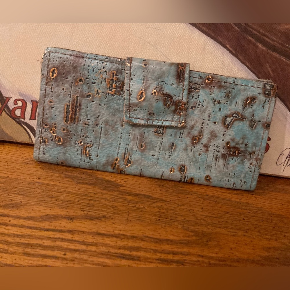 Cork Long Wallet with Snap Closure Turquoise & Bronze - EUC